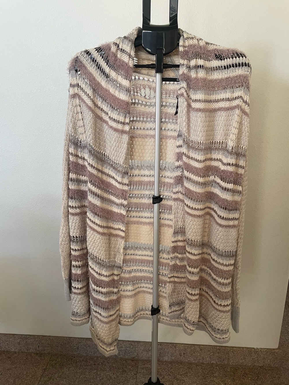 Kensie Open-Front Striped Knit Cardigan in Cream and Taupe